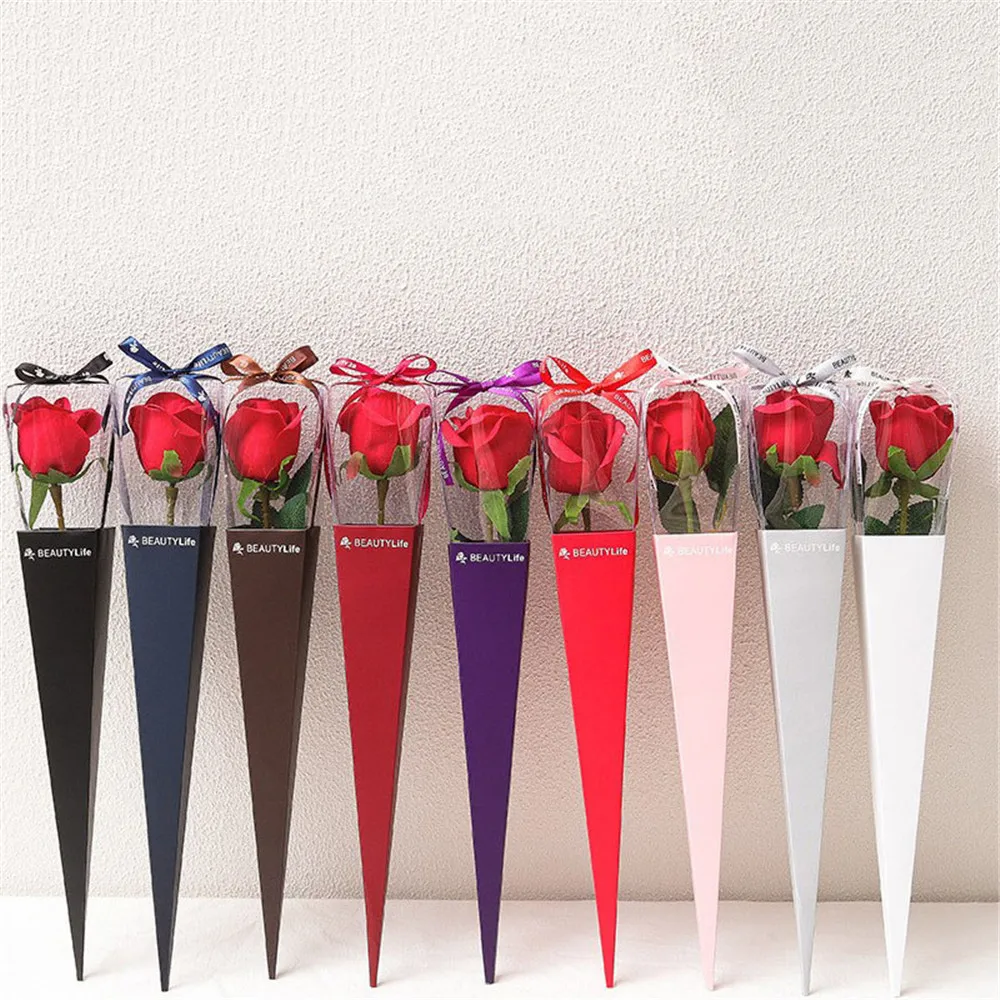 10pcs Single Rose Packaging Clear Window Box Bouquet Flower Wrapping Gift Box Paper Bags Cases Package Supplies No Rose Just Bag