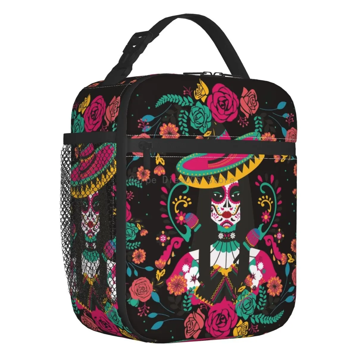 

Awesome Mexican Skeleton With Flowers Insulated Lunch Bags Embroidery Colorful Resuable Thermal Cooler Bento Box Women Kids