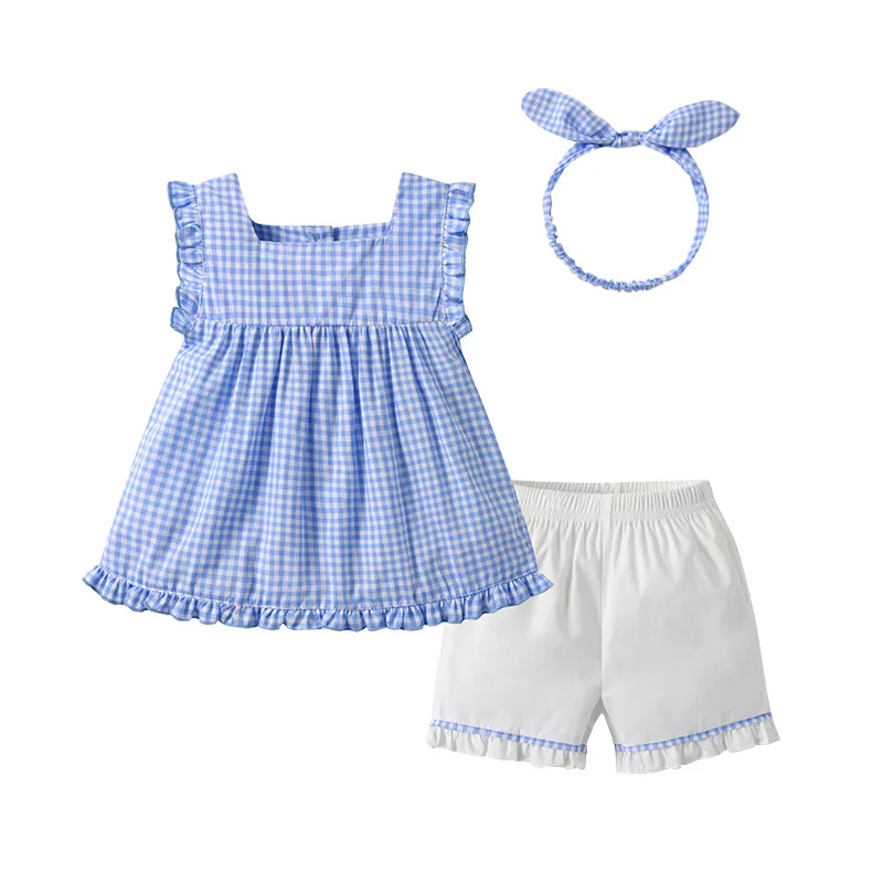 

2024 Summer Newborn Baby Girl Two Piece Sets Sleeveless Blue Plaid Top White Shorts Korean Square Neck Toddler Infant Outfits