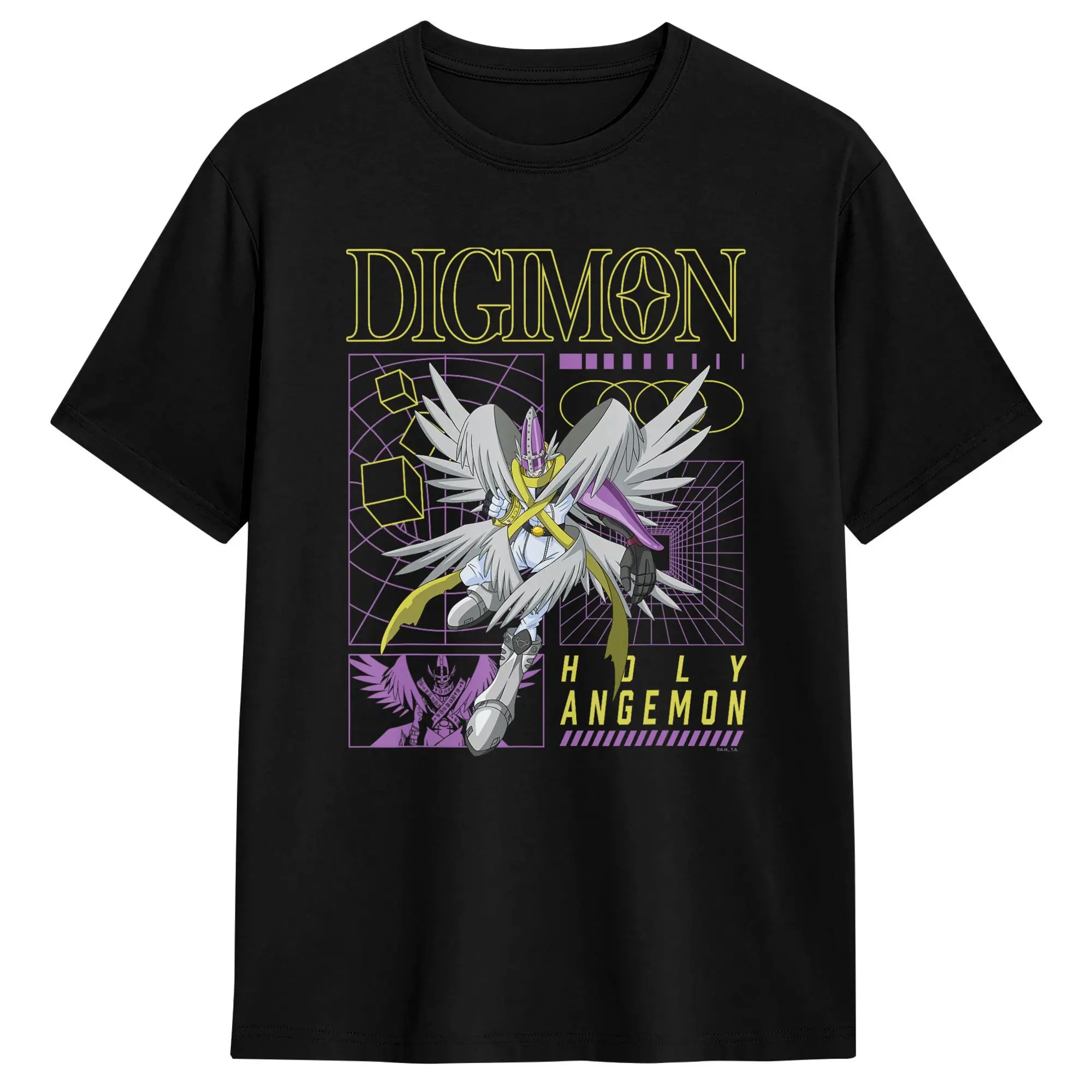 Vintage Digimon Holy Angemon Y2K Geometric Collage Monsters T-Shirt Men Round Collar 100% Cotton T Shirts  Short Sleeve Tees