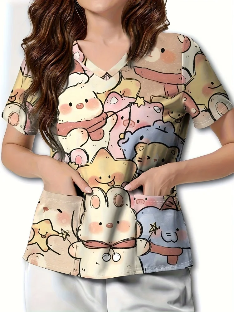 مضحك الكلب والقط طباعة الزي الجراحي امرأة مايكرو مطاطا الخامس الرقبة المرأة فرك قصيرة الأكمام التصحيح جيب الزي السريري