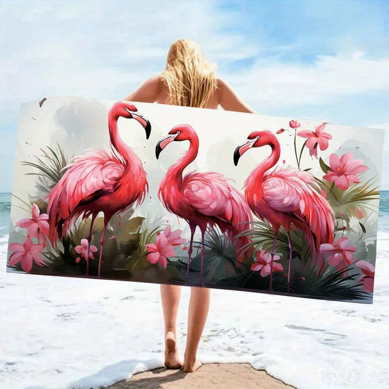 

1 Pc Flower And Flamingo Pattern Extra Large Microfiber Beach Towel Comfortable Outdoor Rug Quick Drying For Travel Camping