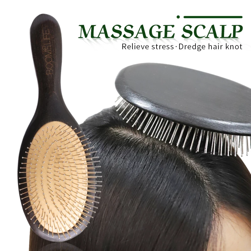 Steel Hair Brush Women Head Scalp Massage  Paddle Wood Hairbrush Metal Stainless Pin Styling Comb for Hair Curly Barber Combs