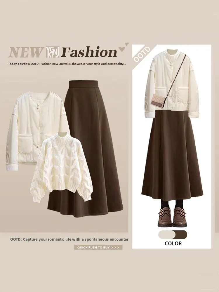 Warm Cotton Jaet Outerwear Mid-Length Skirt Women's Winter Slimming Tee-Piece Set High Waist Pure Color Long Sve round...