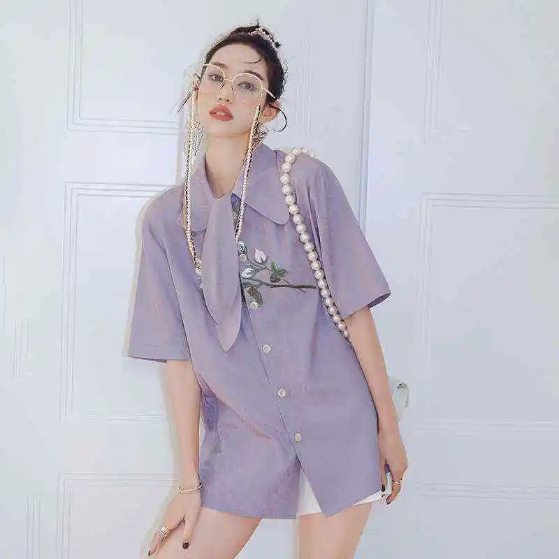 Faionable Women's Chiffon irt ort Sve  Knot Straight Cotton Summer Top Warm Thin Chinese Production