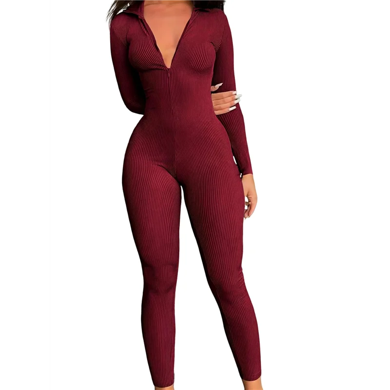 

ABRT-Женский комбинезон в рубчик с длинными рукавами на молнии спереди для тренировок, облегающий комбинезон винно-красного цвета S