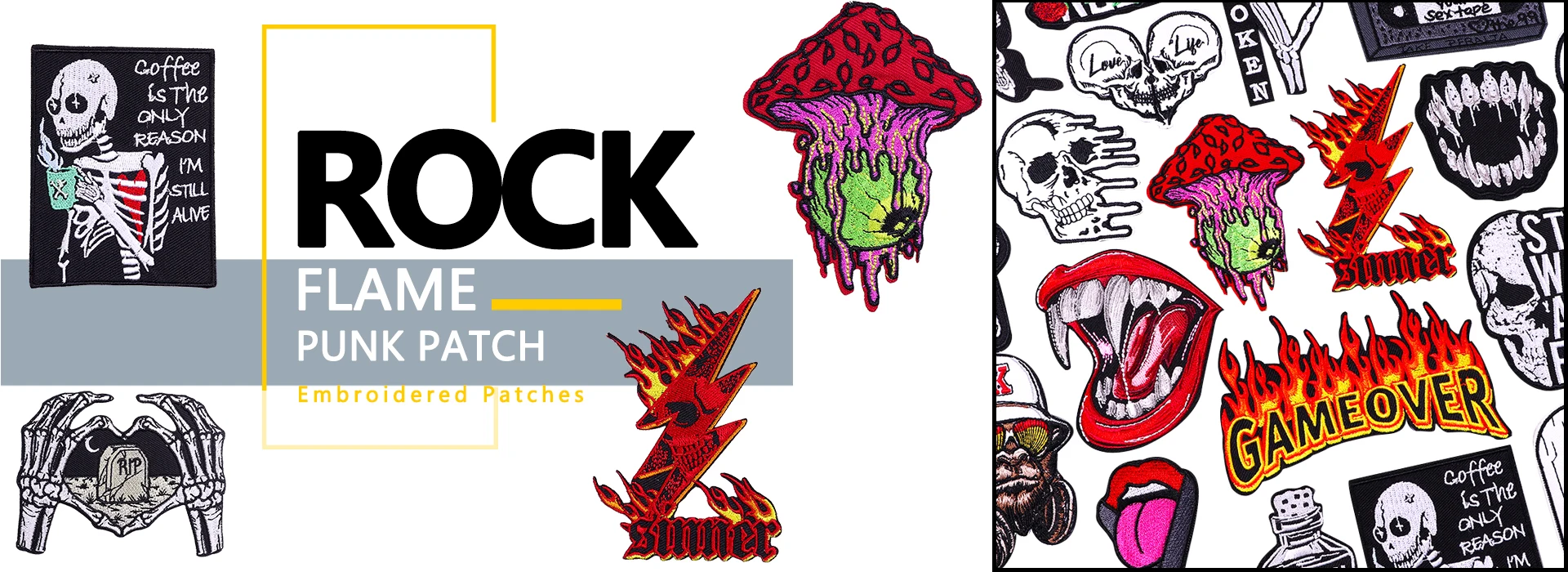Flamme Schädel Patch Kleidung Punk Bestickt Patches Für Kleidung Eisen Auf Patch Auf Kleidung Thermoadhesive Patches Jacke Abzeichen DIY – Detail 4
