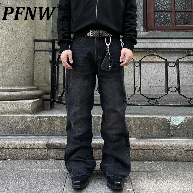 PFNW American Washed Embroidered Machete Pants 2024 New Black Flared Jeans Men's Vintage High Street Clean Fit Trousers 12C1798