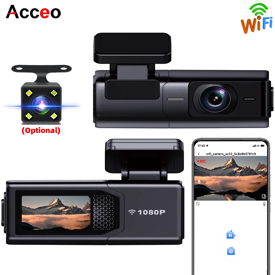 

ACCEO B45 Dashcam Auto 1080P Car DVR With WiFi Night Vision Support Dual Lens 4 led Rear Camera 24h Parking Monitoring Black Box