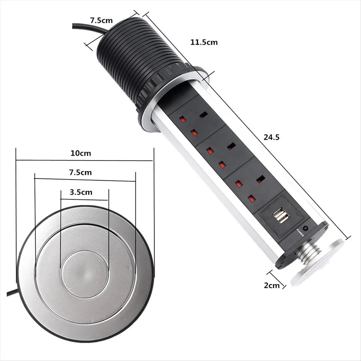 (A23G) Pop-Up Desktop Concealed Socket USB Electrical Plug Tablet Sockets Power Strip USB Charger Extension Cable US Plug