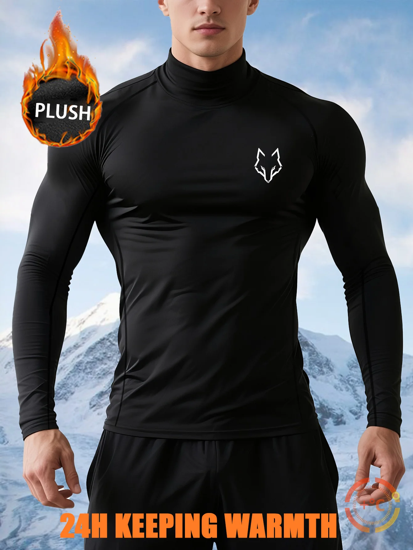 1Set Men’s Black Warm Compression Fleece Tracksuit Mock Neck Wolf Head Print Slim Fit Elastic Sportswear Running Training Workou