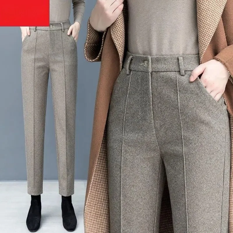 High Waist Thickened Woolen Trousers Harlan Autumn Winter Straight Leg Zipper Closure Fashionable Slimming Long Pants