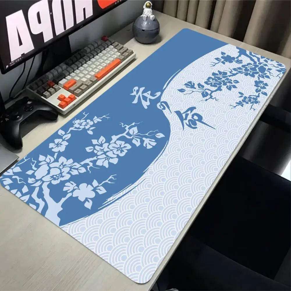 Japan Black And White Sakura Mouse Pad 90x40cm PC Suture Edge Desk Mat Cherry Blossom Rubber Mousepad Office Rug Gamer Keyboard