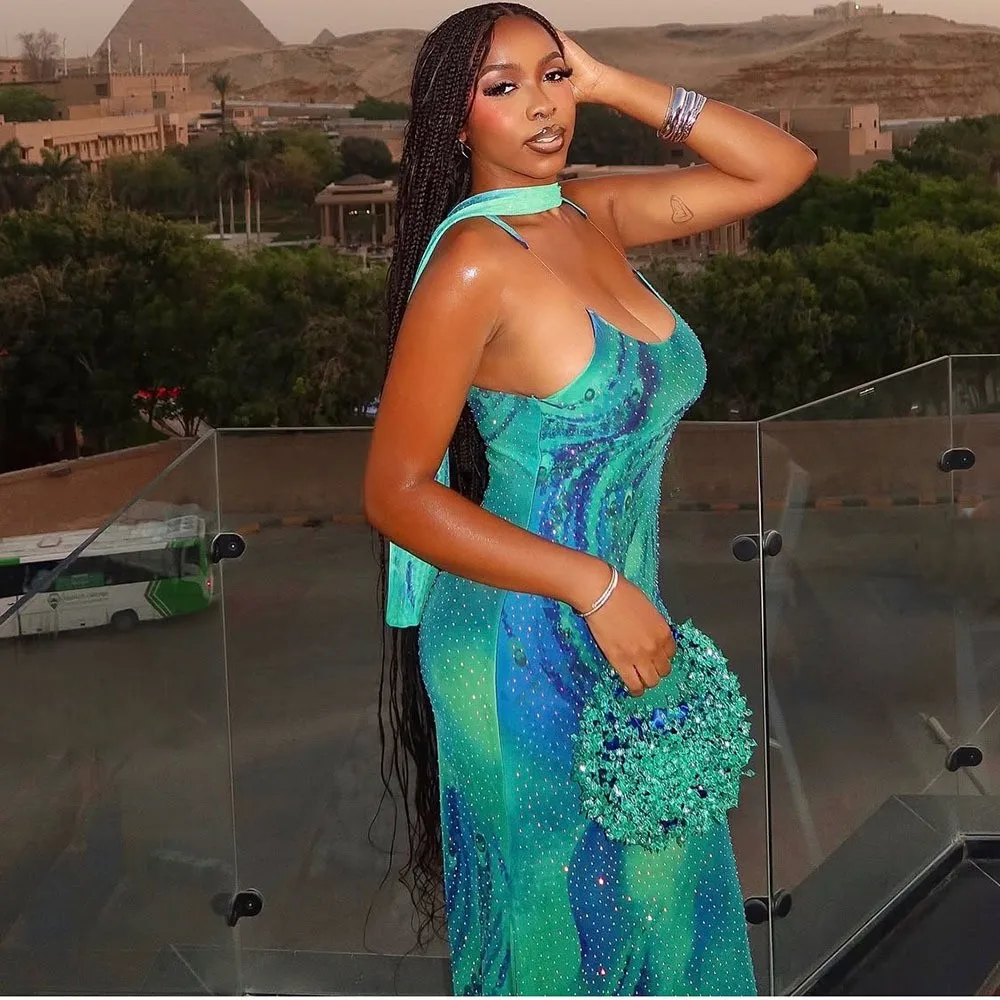 Abiti lunghi con stampa elegante attillata europea-americana Abiti lunghi da donna Moda Clubwear Abiti da sera senza maniche aderenti