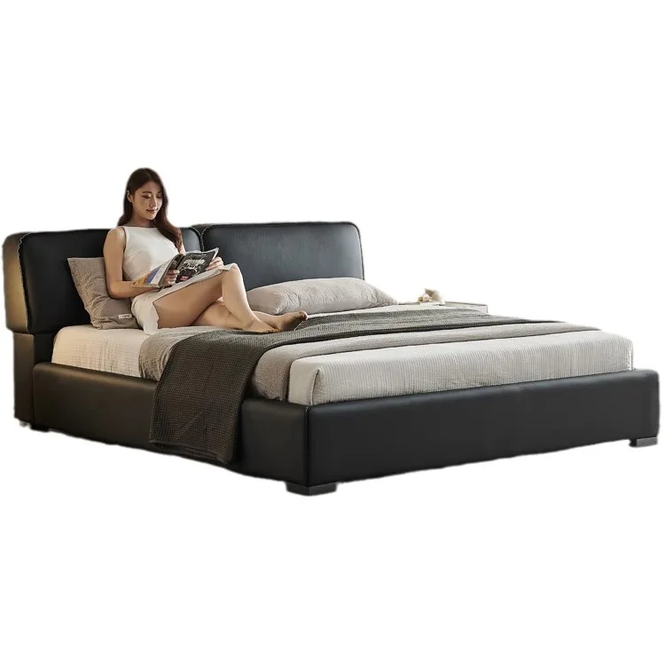 

Leather bed Italian minimalist black first layer cowhide tofu block home master bedroom soft bag leather