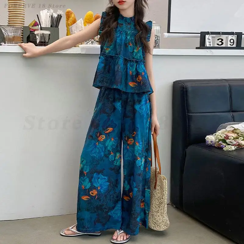 

Fashion Printed Tang Clothes Kids Girls Hanfu Set Chinese Traditional Costumes Summer Sleeveless Top Wide Leg Pant Two Piece Set