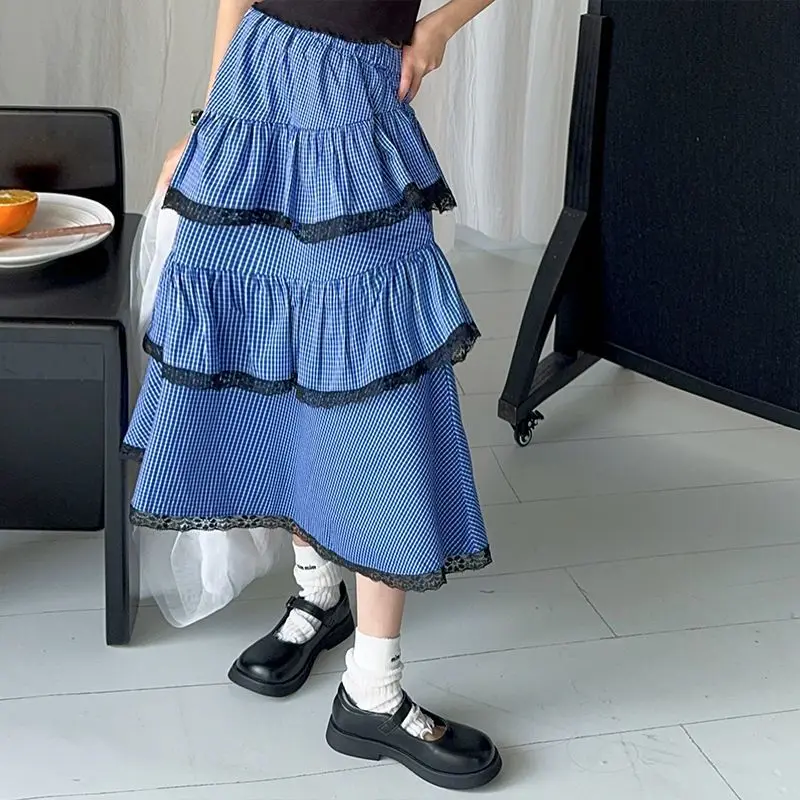 

New Spring Autumn 2025 Girl's Plaid Tiered Skirt Blue Kids Fashion Clothing