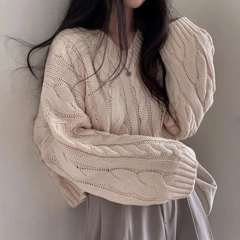 

Women's Sweater Pullovers Lazy Style Loose V-Neck Twist Knitting Jumpers Tops Female Autumn Winter Vintage Solid Short Sweaters