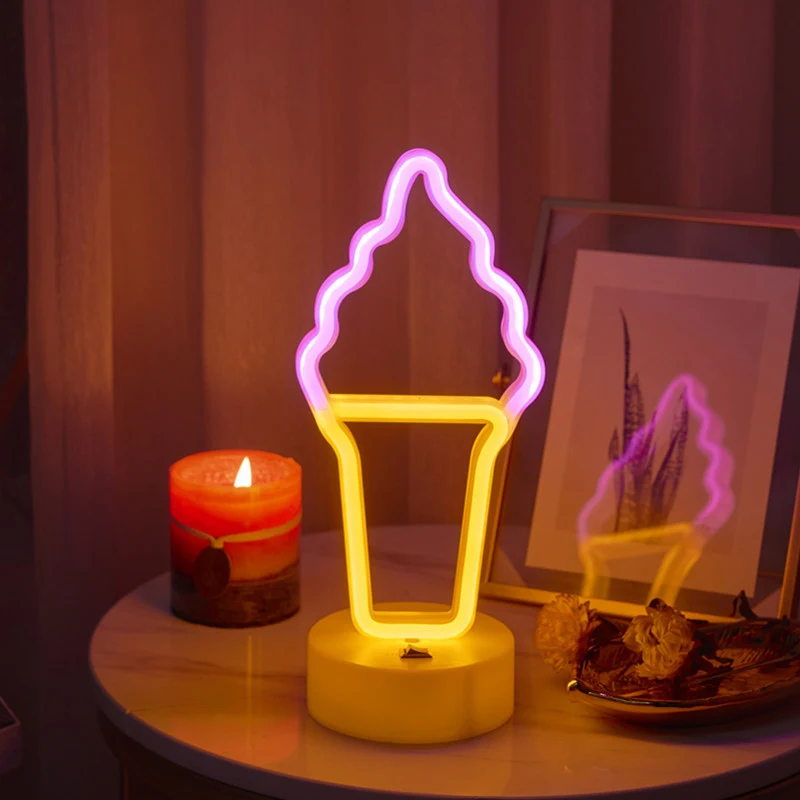 Ice Cream Shaped Neon Signs W Base, LED Light, Atmosphere Lighting for Wall, Night Lamp for Birthday, Party, E-sports Room, Deco