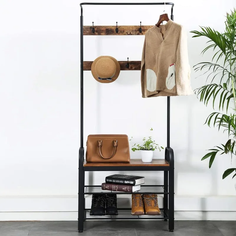 

Multi-layer coat rack integrated floor-to-ceiling wrought iron hanger, shoe change stool, carbon steel , simple