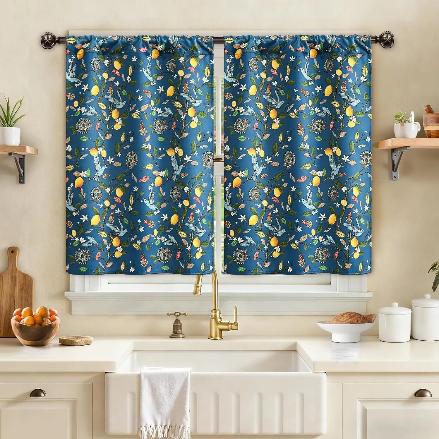 Blue Yellow Lemon Floral Botanical Curtains 2pcs Waterproof Window Treatment for Living Room Kitchen Decor