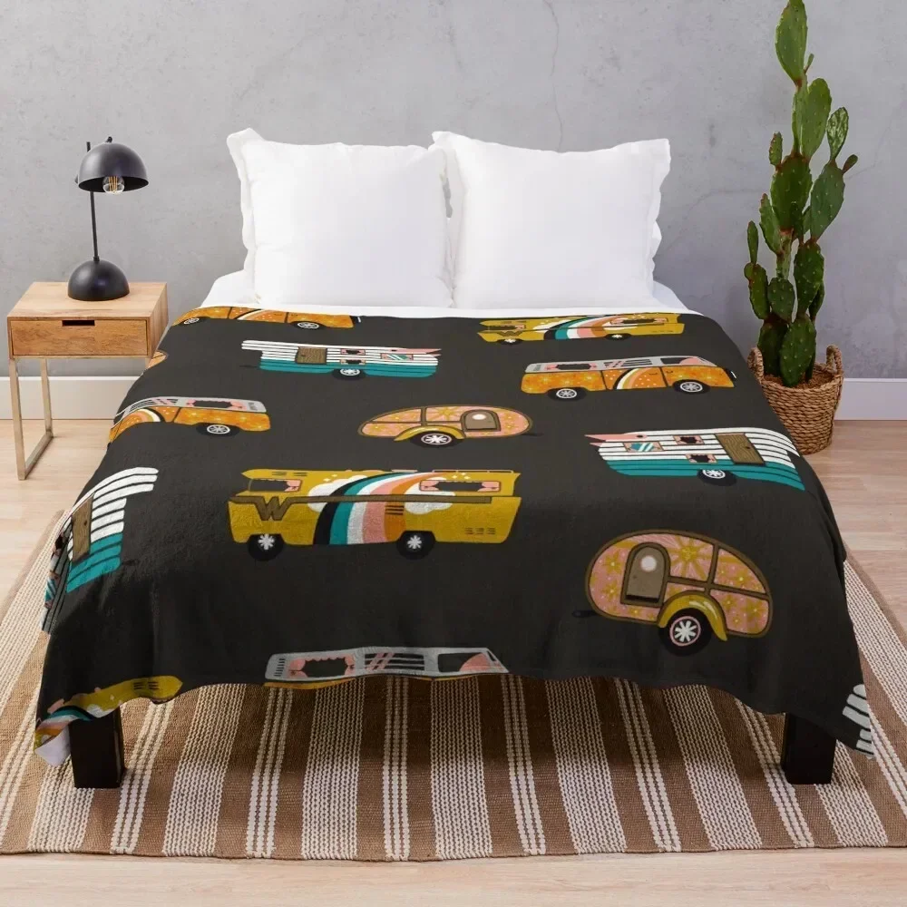 Retro Road Trip – Charcoal Throw Blanket Soft Home Decor Blanket for Couch Bedroom
