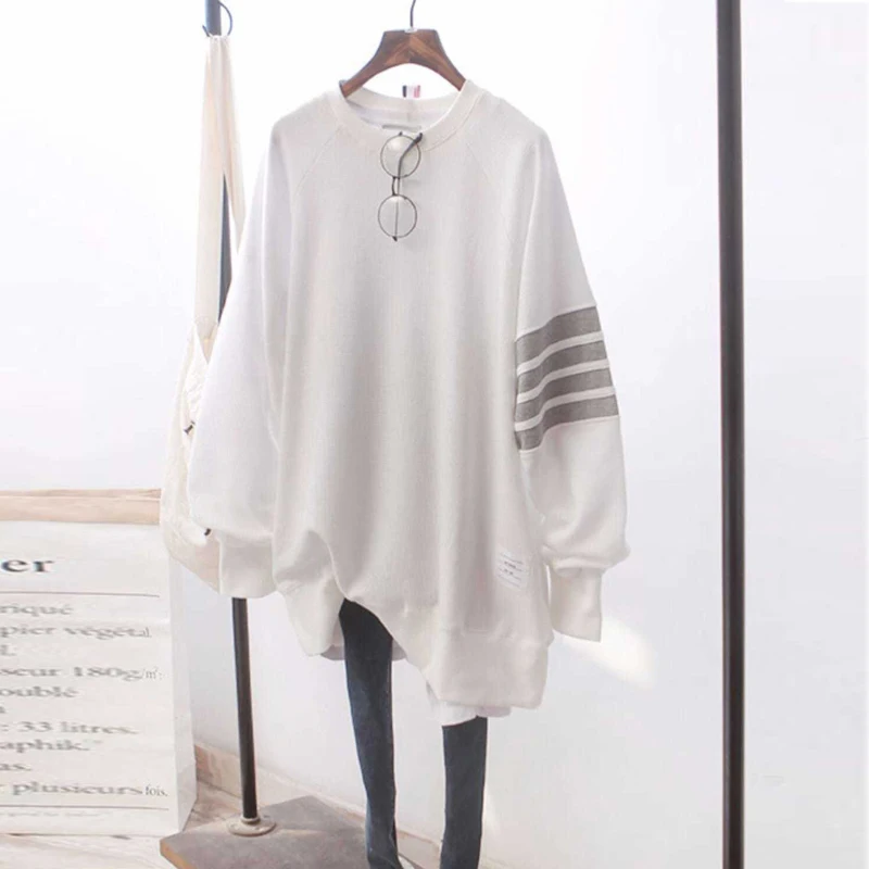 Plus Size Women Clothing 2022 Spring Autumn Korean Preppy Style Striped Long Sleeve Streetwear Oversize Sweatshirt Pullovers Top