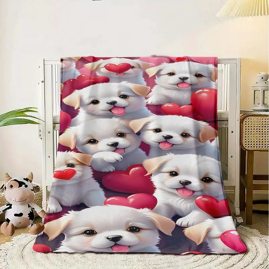Cute White Puppy Red Heart Romantic Dark Pink Base Flannel Throw Blanket, Soft Warm Sofa Cover, Sweet Gift For Bedroom Rest Use