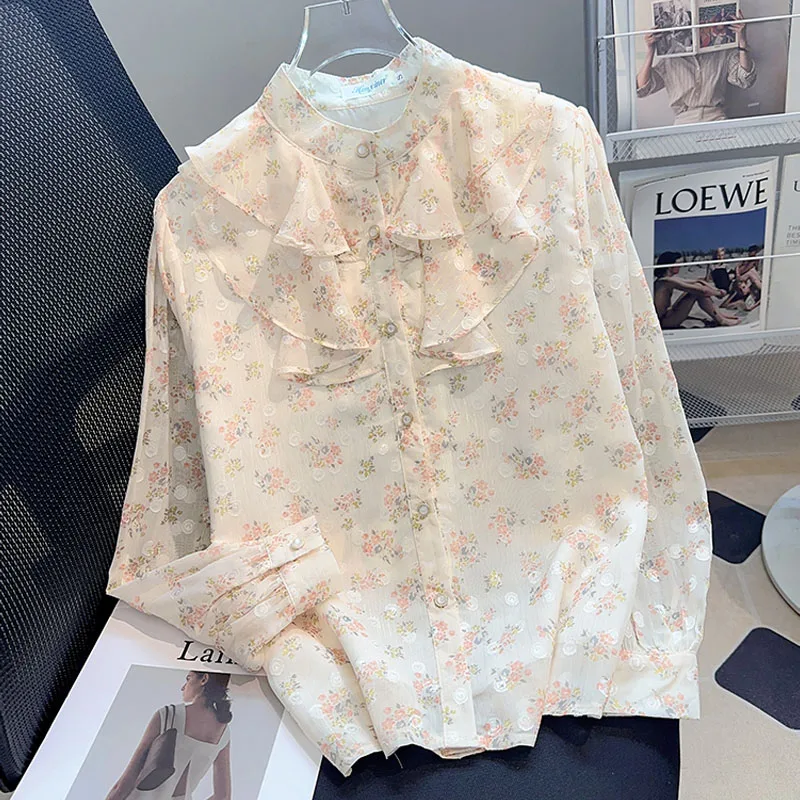 

Women Shirt Blouse New Long Sleeve Stand Collar Print Ruffles Shirt Blouse Women Tops Blouses Shirts Blusas Para Mujer 2025 Q597