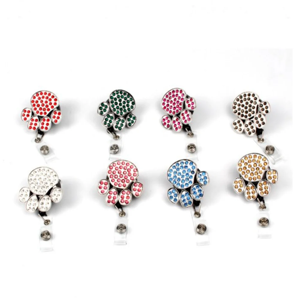 

Round Rhinestone Palm Shaped Id Badge Reel White Retractable Telescopic Clip Easy Pull Buckle for Business Office Staff Students