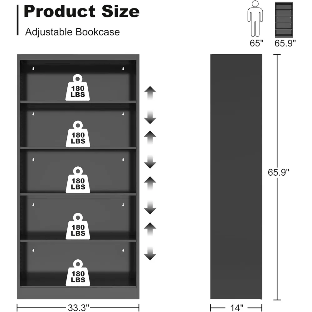 خزانة كتب معدنية ذات 5 أرفف على الطراز الصناعي، 14 عميقة للكتب والديكور والأقراص المضغوطة والأفلام ورف كتب حديث قابل للتعديل بطول 66 طويلًا
