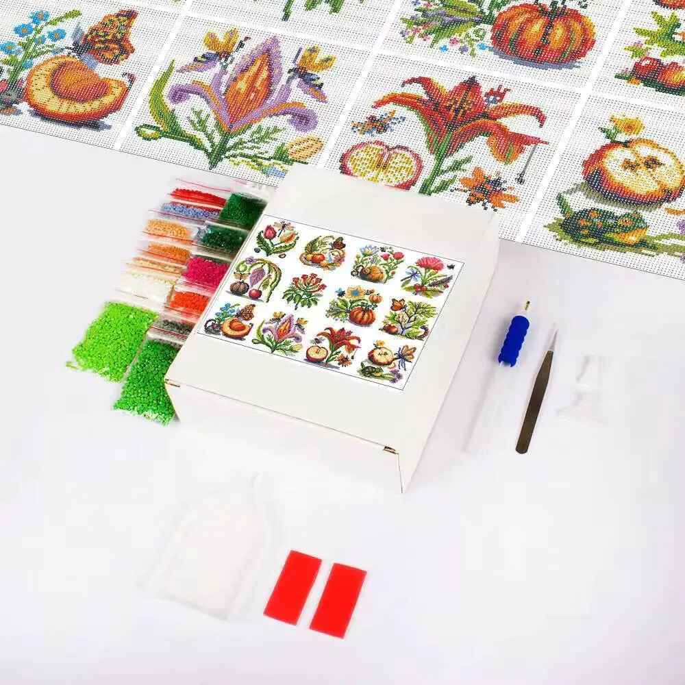 12Pcs 5D Diamond Painting Flower Animal Fruit DIY Round Diamond Embroidery Handmade Decoration For Home