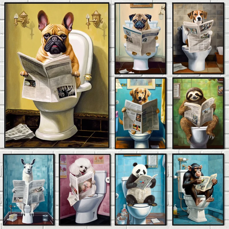 

Bathroom Decor Colorful Animal Monkey Panda Reading Newspaper on The Toilet Canvas Posters Funny Wall Art Prints Painting Mural