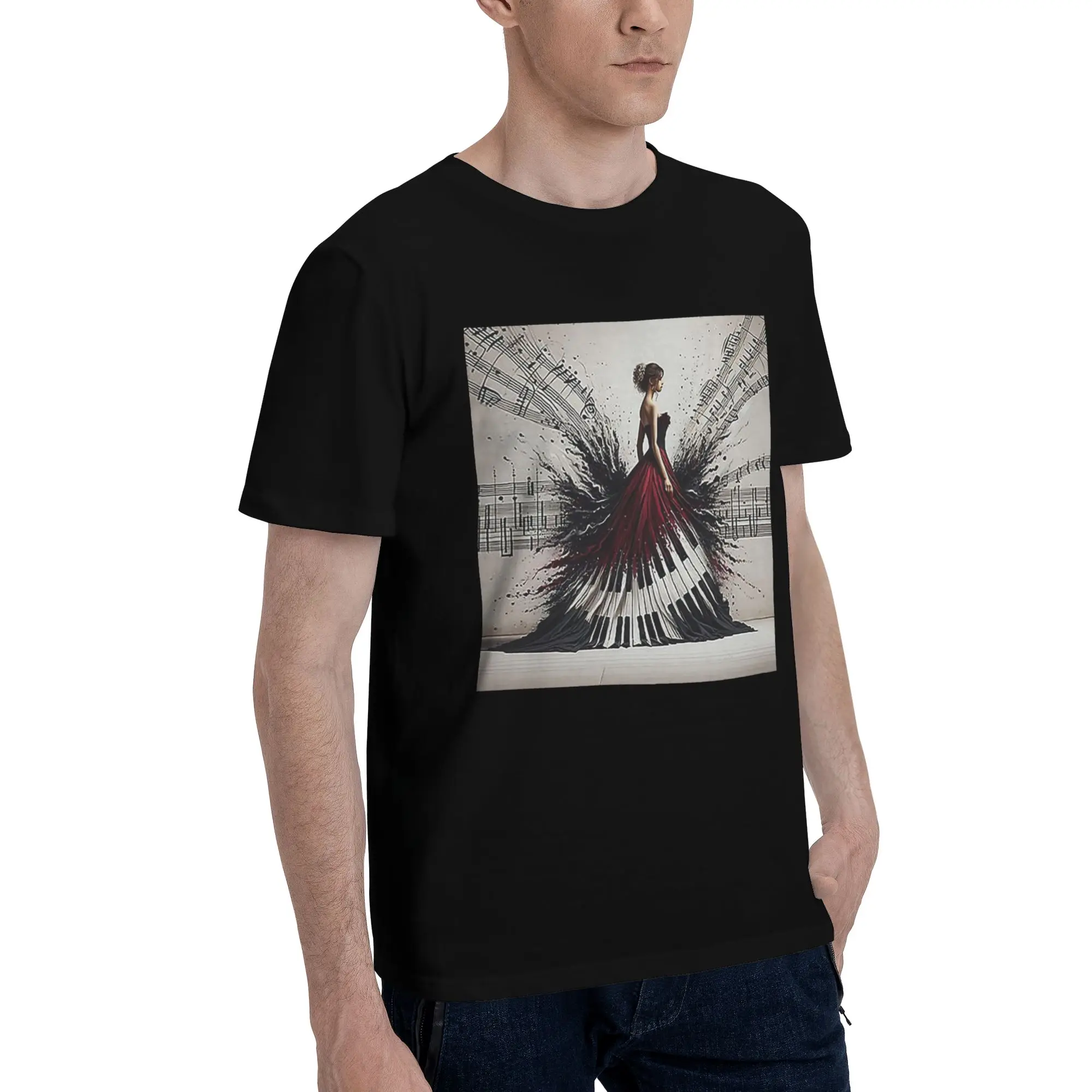 

Красивая леди фортепиано музыкальные ноты, волнистое платье Мужская футболка Негабаритные футболки Мужские хлопковые футболки с круглым вырезом Короткие летние мужские футболки