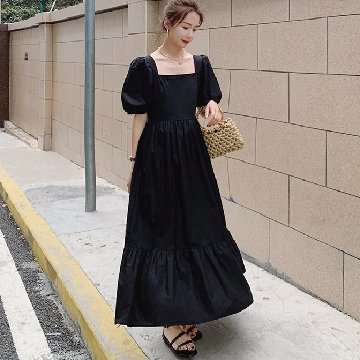 Black Square Collar Dress Women Summer Elegance Goddess Style 2026 New Hepburn Style Dandelion Slim Long Dress