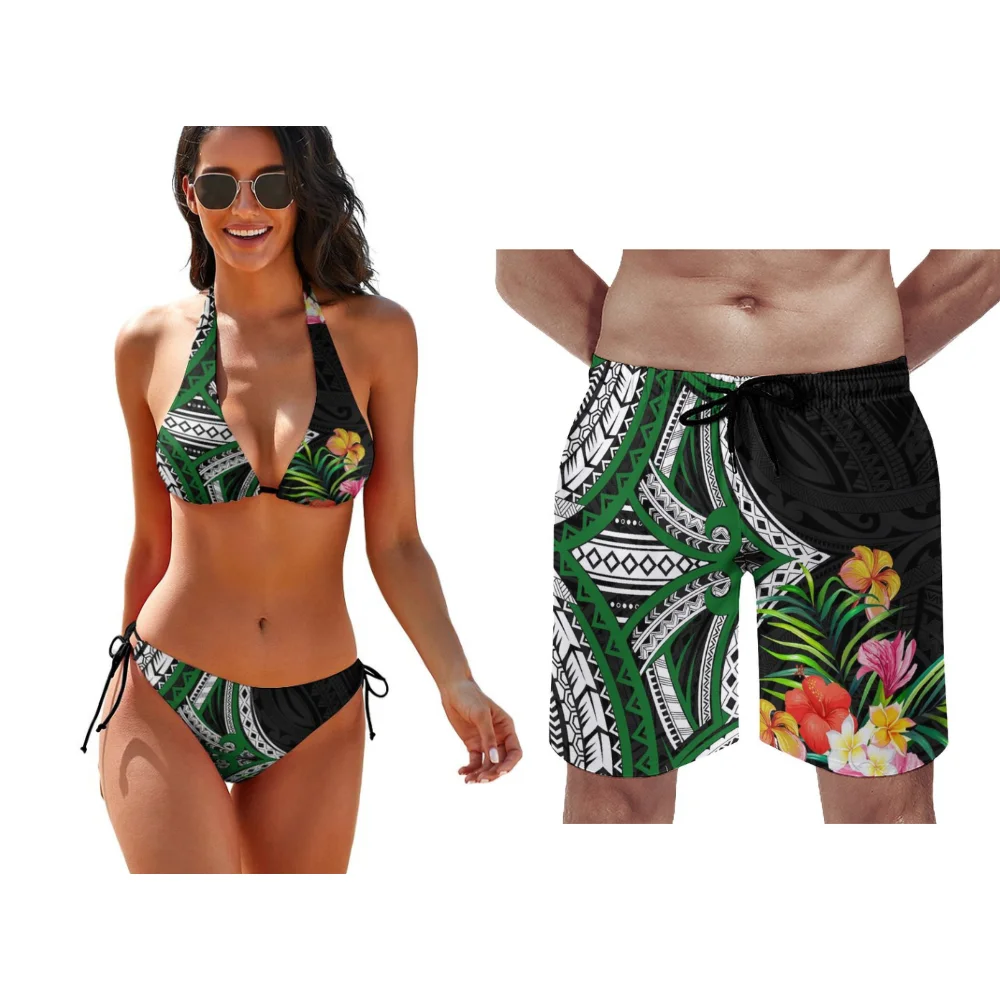 Polynesische Patroon Bloemenprint Veters Badpak Zwembad Party Paar Pak Zomer Custom Paar Pak Vrouwen Bikini Mannen Strandbroek