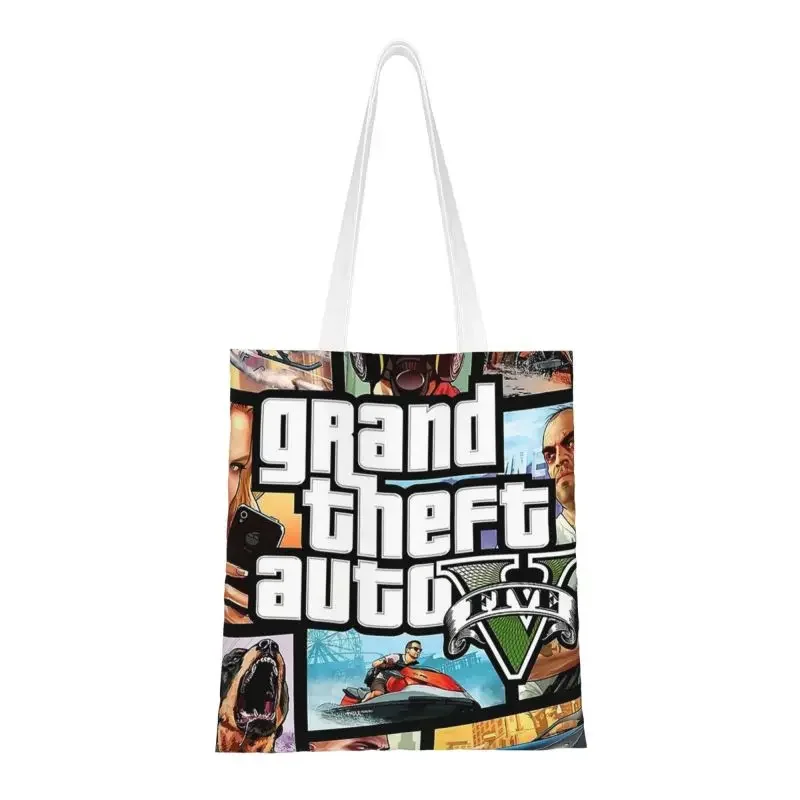 Kawaii Grand Theft Auto Shopping Tote Bags Recycling Action Adventure Game Canvas Groceries Shoulder Shopper Bag