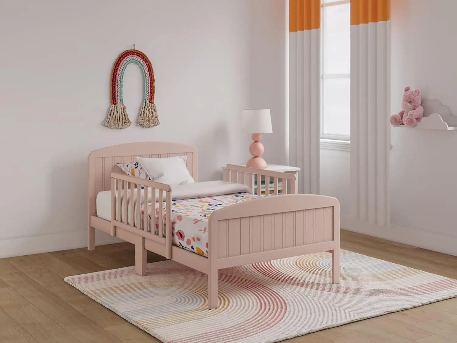 

Toddler Bed, Solid Wood Modern Design Transitional Bed for Kids with Rails for Children's Bedroom with 2 Safety Guards, Low-to-G