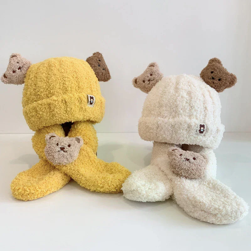 Sciarpa per cappello da bambino per ragazze Ragazzi Set caldo invernale Orso cartone animato Abbigliamento a prova di freddo per bambini Roba per bambini Sciarpa con cappuccio senza tesa