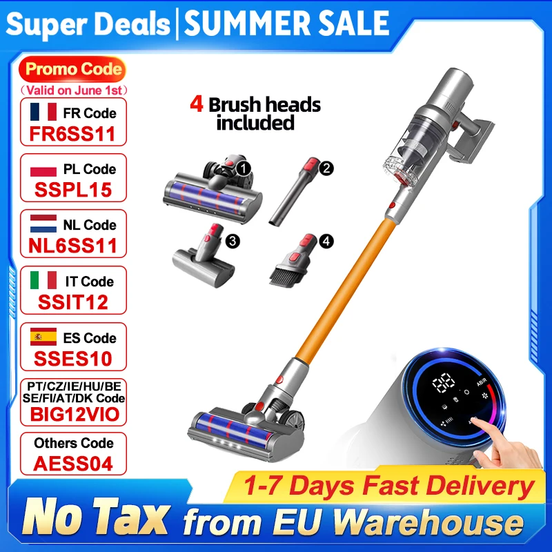 Aspirateur à Main sans Fil ABIR VC205, 27000PA, Capteur de Poussière Intelligent, Écran Tactile LED, Contrôle Automatique de la Vitesse, Tueur d'Acariens Portable Sans Fil