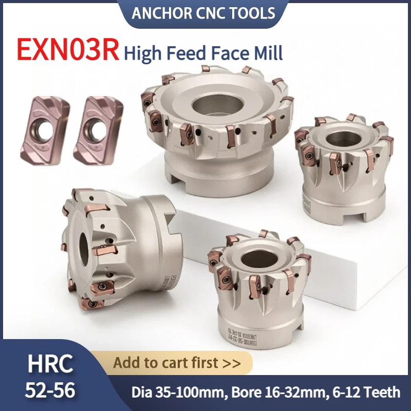 EXN03R High Feed Face Mill, 35/50/80/100MM, Compatible with LNMU0303 Carbide Inserts, 6-12 Teeth for Die Steel Roughing