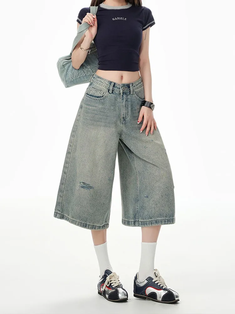 

Джинсовые брюки в стиле ретро в американском стиле на семь футов, женские летние свободные утягивающие универсальные прямые повседневные брюки большого размера