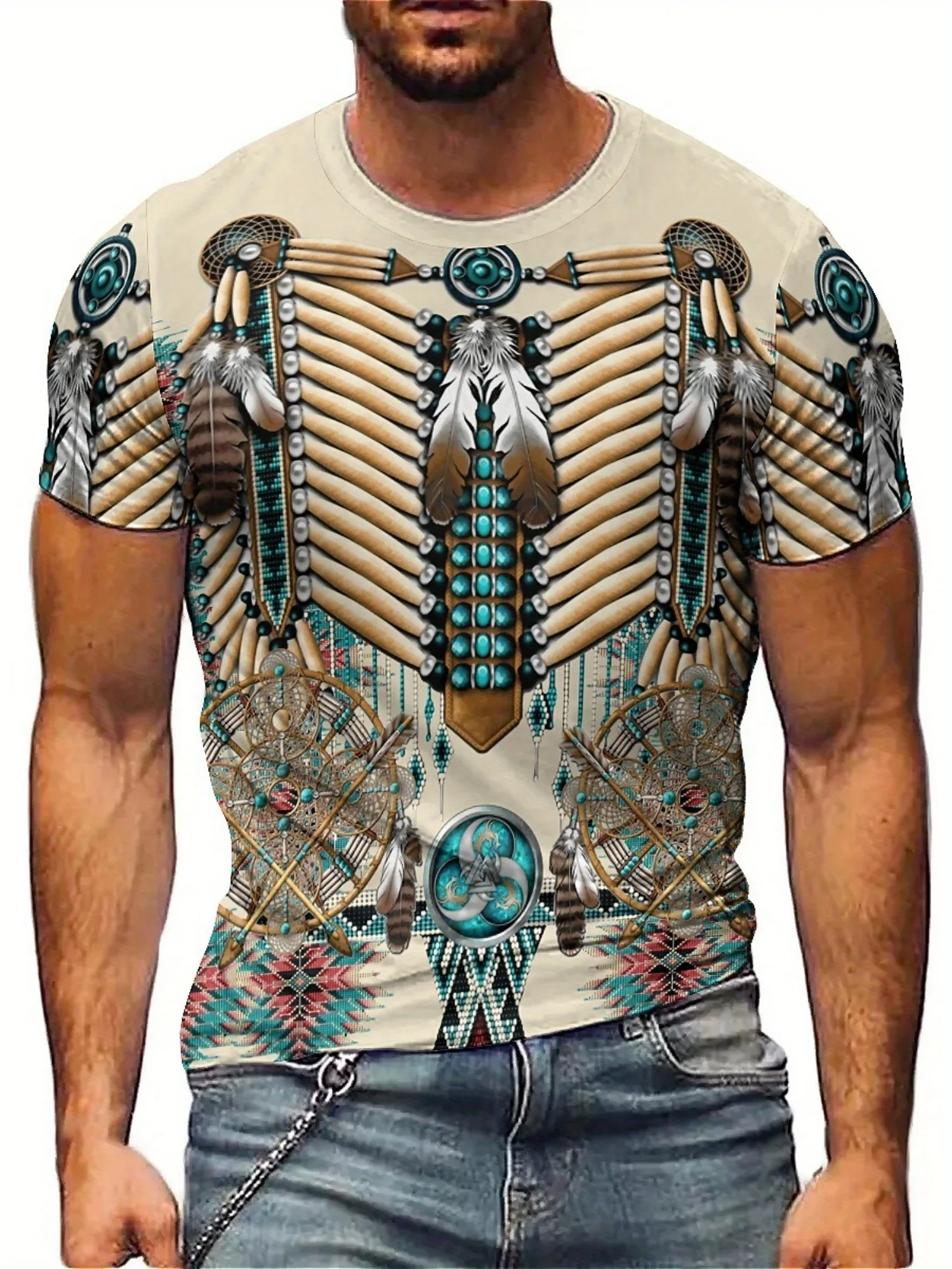 

Men'S 3D Print Gothic-Inspired Native American Tribal T-Shirt - Short Sleeve, Round Neck, Stretchy Polyester