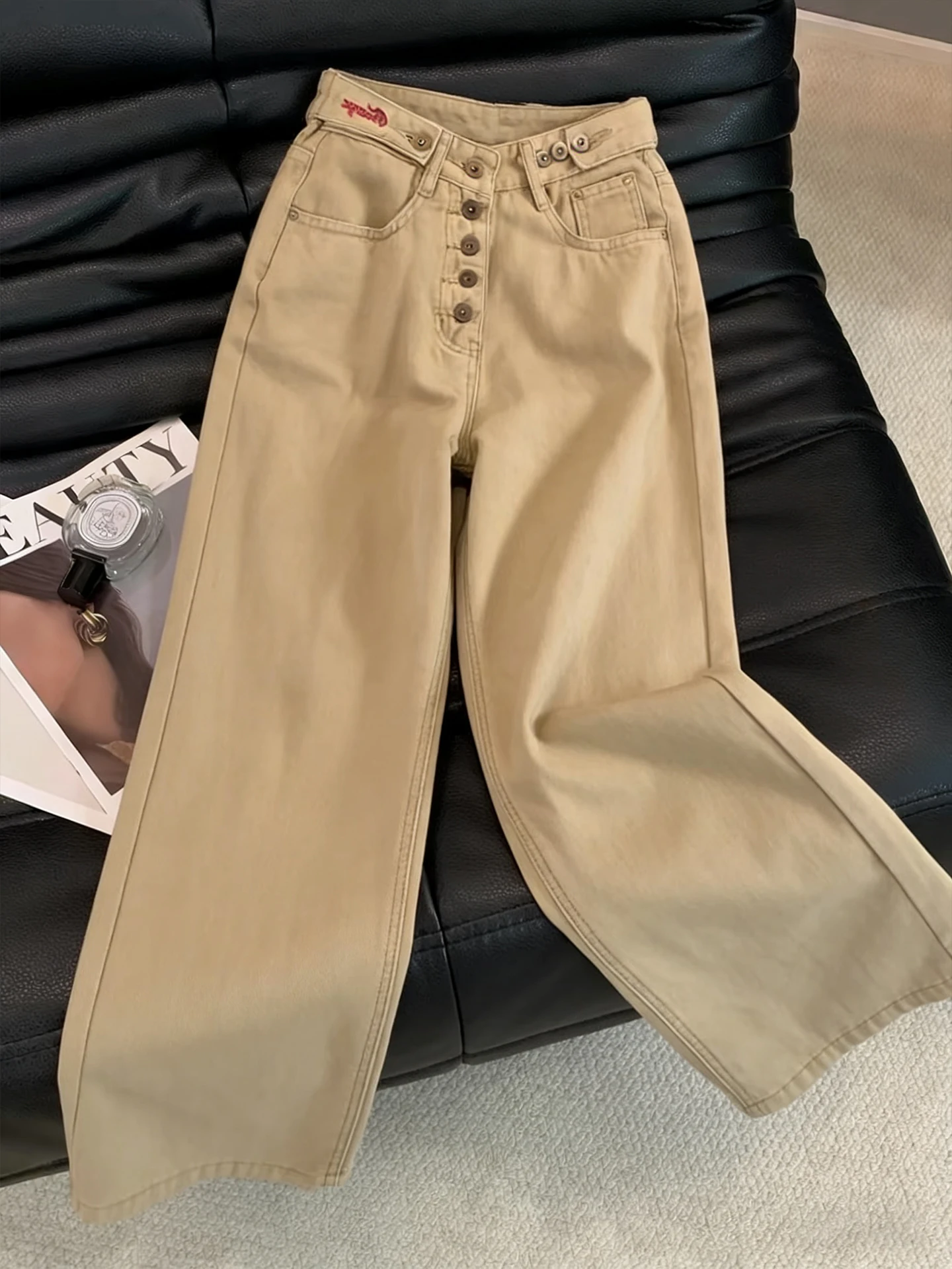 

Retro Khaki High Waist Wide Leg Jeans Women's Spring Autumn Design Sensation Match Slimming Casual Loose Fit Jeans