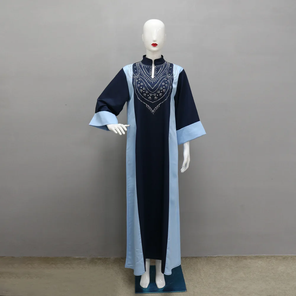 新しいムスリム中東女性服、切り替えコントラストカラー、ホットダイヤモンドローブドレス、アバヤ