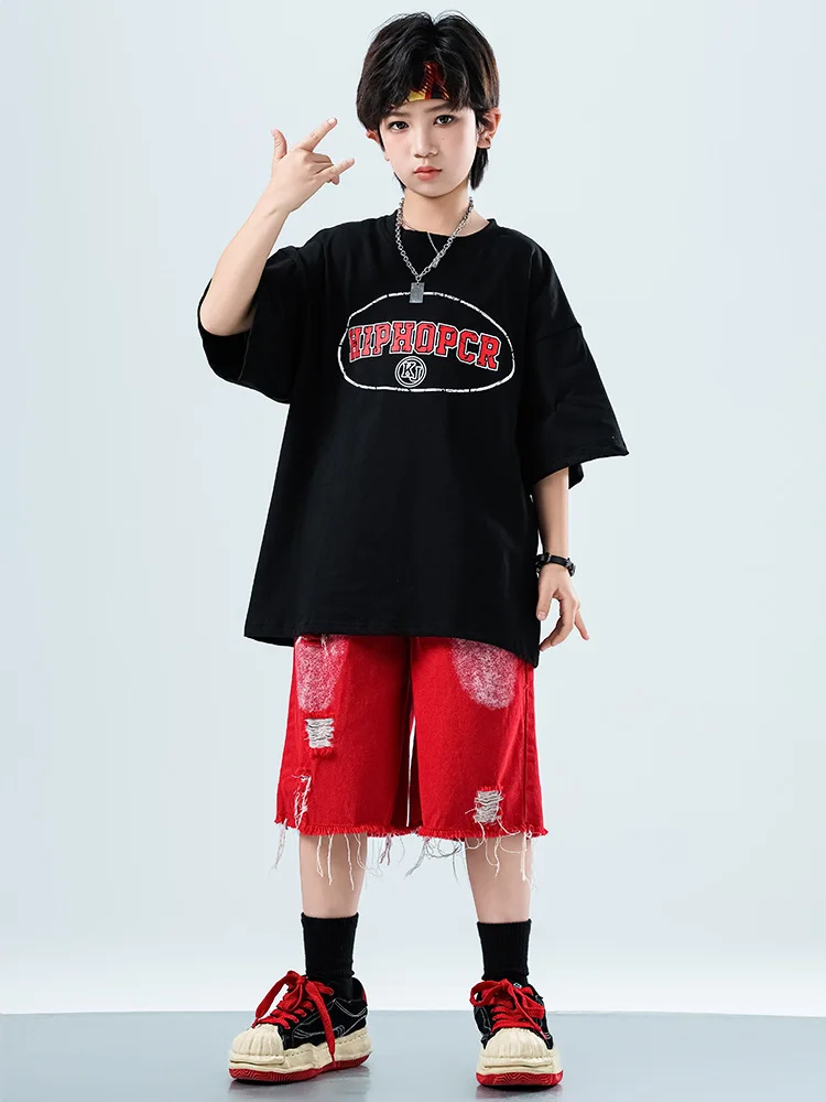 Kid Kpop Hip Hop Clothing Black Letters T Shirt Red Casual Ripped Distressed Shorts for Girl Boy Jazz Dance Wear Costume Clothes