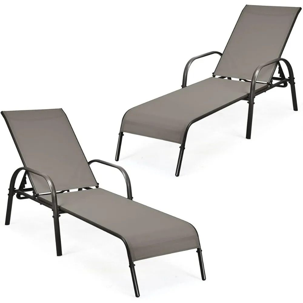 

2 шт. коричневое кресло для отдыха на открытом воздухе, шезлонг, шезлонг, кровать для загара, изогнутый подлокотник, 5 регулируемых положения спинки, сталь