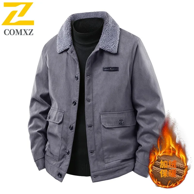 

COMXZ Men's Thickened Fleece Lined Loose Fit Large Size Suede Jacket Workwear Style Turn down Collar Winter Lamb Wool Coat 2025