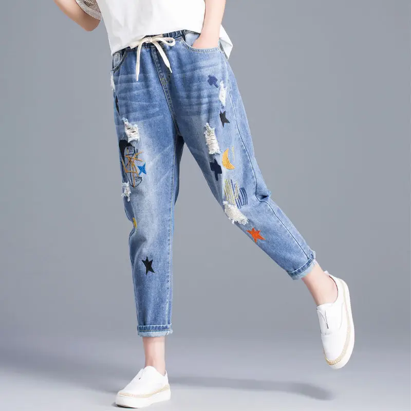 Washed Hole Loose All-match Calf-lenght Pants Summer With Drawstring Retro Flower Embroidery Elastic Waist Jeans Mujer Womens