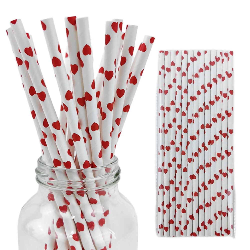25/50/100szt Valentine Party Favors Papierowe słomki Red Love Heart Party Biodegradowalne słomki do picia na walentynki Dekoracje ślubne